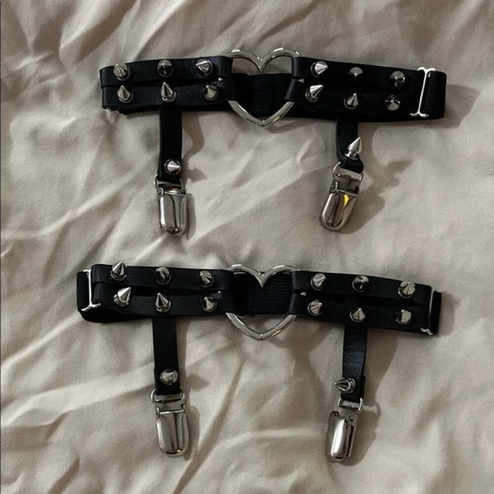 Black Studded Garters with Heart Detail